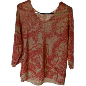 Chicos Sweater Womens 1 Medium Tan Geometric Knit Pullover Capsule Coastal